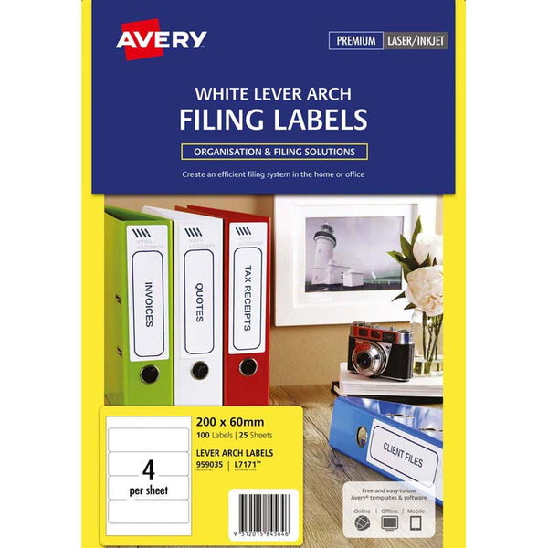 avery label l7171 25 sheets laser WHITE lever arch filing labels 100 size 200MM x 60MM