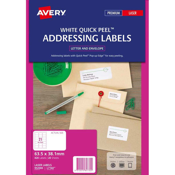avery label l7160-20 20 sheets laser WHITE quick peel addressing labels 420 size 63.5MM x 38.1MM