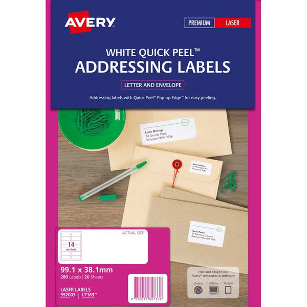 avery label l7163-20 20 sheets laser WHITE quick peel addressing labels 280 size 99.1MM x 38.1MM