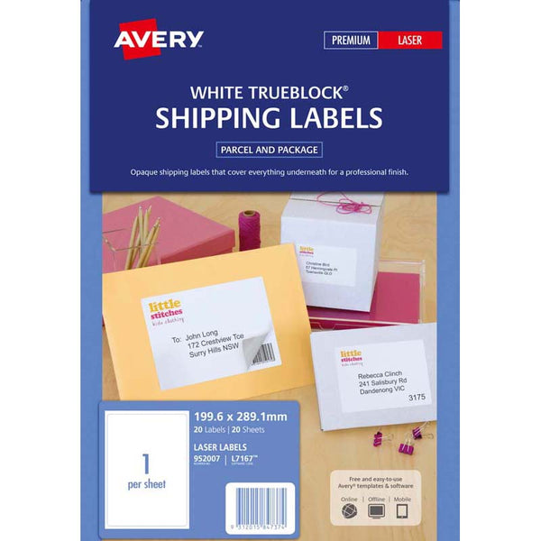 avery label l7167-20 20 sheets laser WHITE trueblock dhipping labels 20 size 199.6MM x 289.1MM