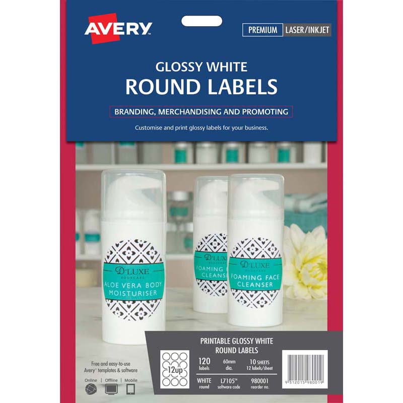 avery label l7105 round white glossy 60mm 12up 10 sheets