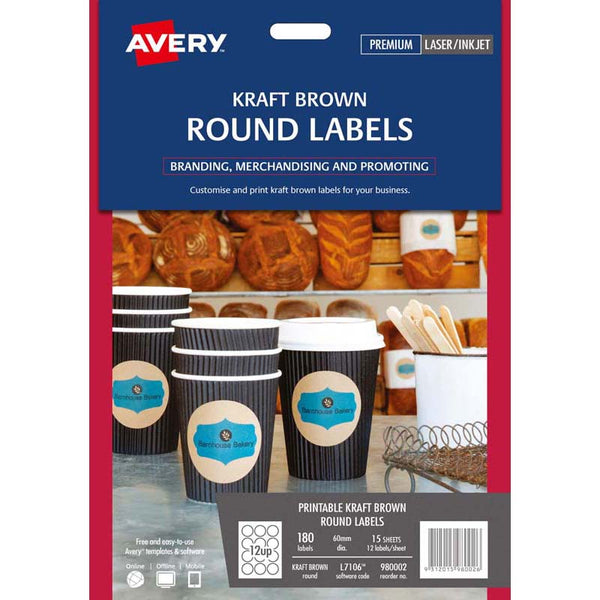 avery label l7106 round kraft 60mm 12up 15 sheets