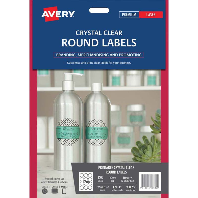 avery label l7114 round crystal clear 60mm 12up 10 sheets