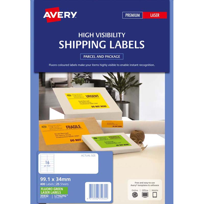 avery shipping label fluoro green 16 up 25 sheets laser 99.1x34mm