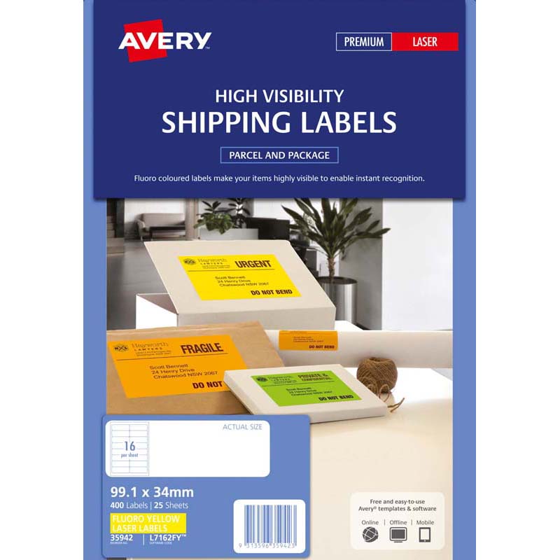 avery shipping label fluoro yellow 16 up 25 sheets laser 99.1x34mm