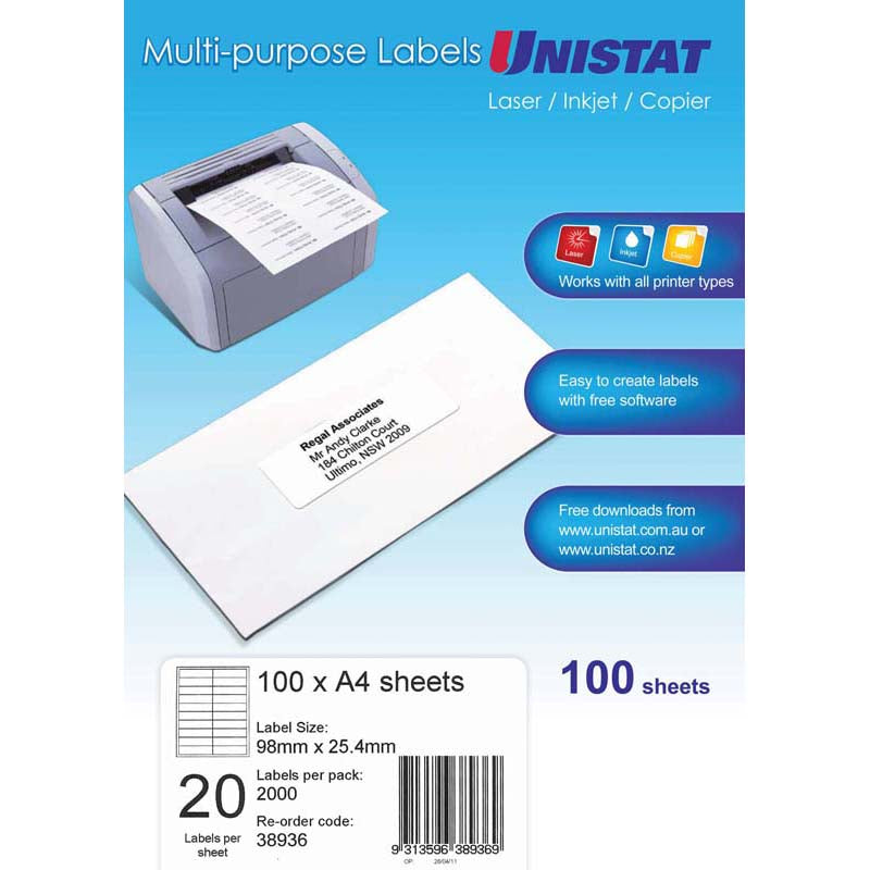 unistat multi-purpose label dl 20up 98x25.4 100 pack