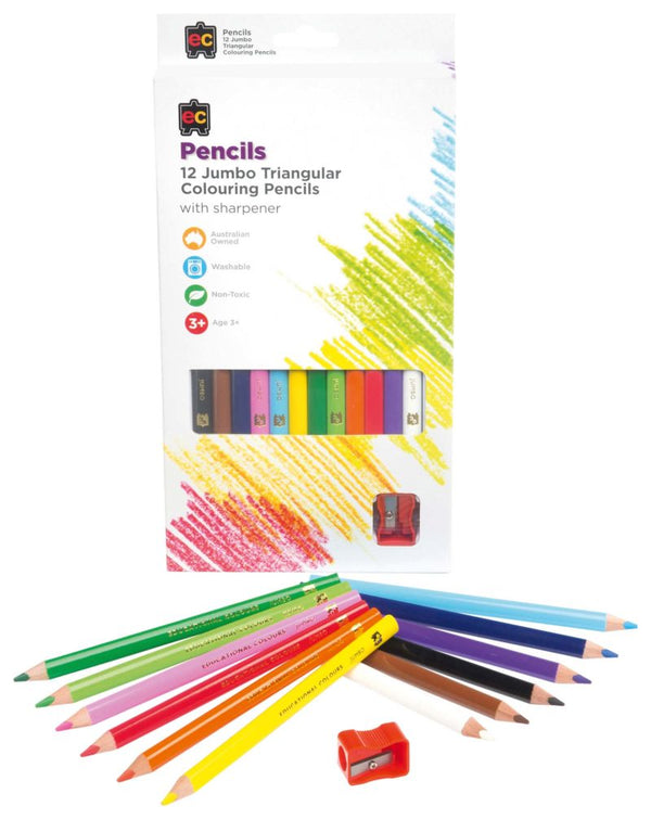EC Triangular Pencils Washable Assorted Colours With Sharpener#Pack Size_PACK OF 12