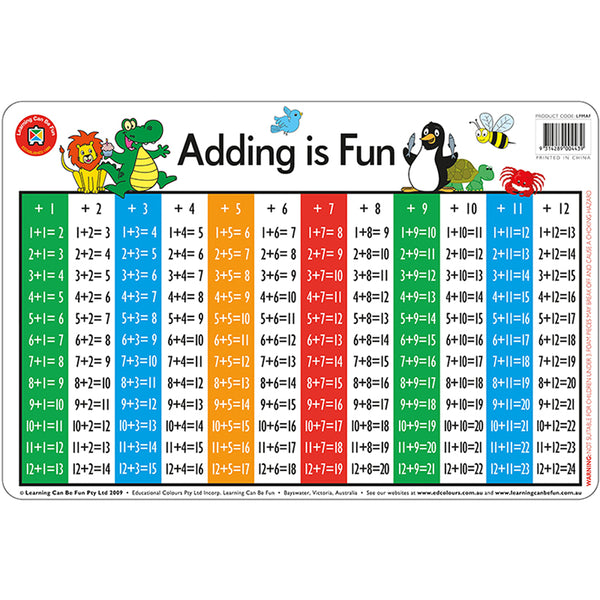 learing can be fun wipe and clean placemat adding is fun non-toxic size 44cm x 29cm