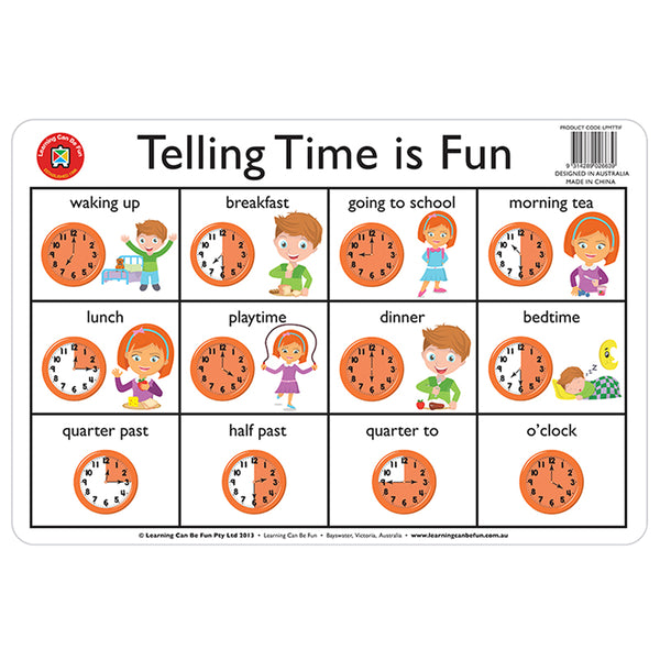 learing can be fun wipe and clean placemat desk telling the time is fun non-toxic size 44cm x 29cm