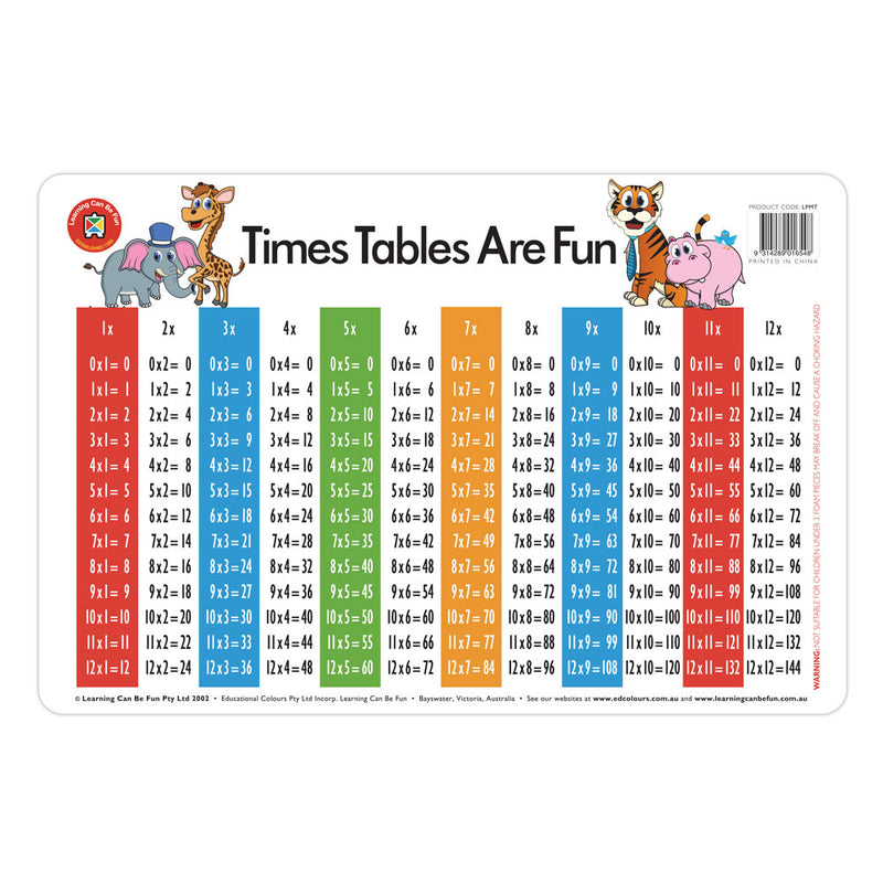 learing can be fun wipe and clean placemat desk times tables are fun non-toxic size 44cm x 29cm