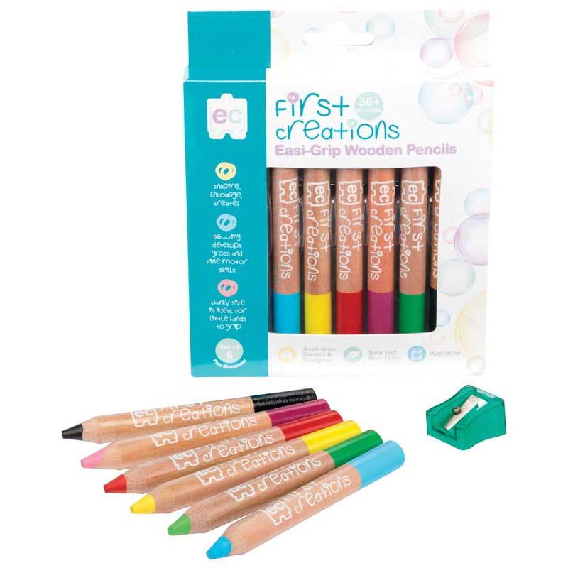 EC First Creations Easi Grip Non Toxic Washable Wooden Pencils Plus Sharpner