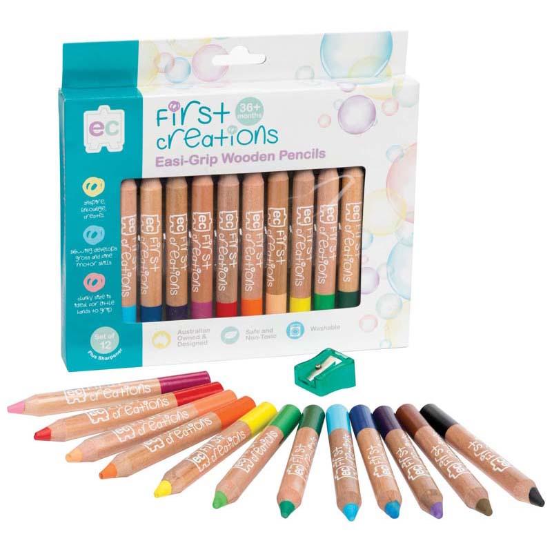 EC First Creations Easi Grip Non Toxic Washable Wooden Pencils Plus Sharpner