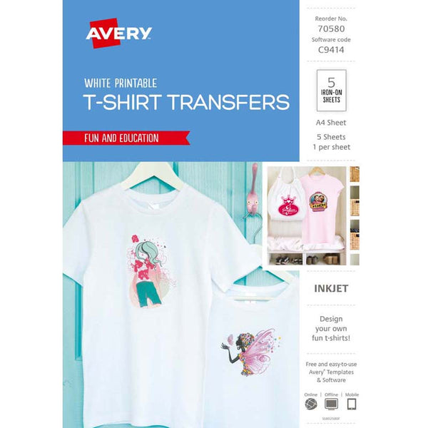 Avery Tshirt Transfer Inspired IJ76 A4 White 5 Pack