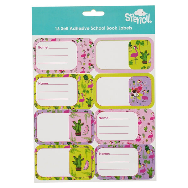 spencil fancy flamingo name & subject labels sheet of 16