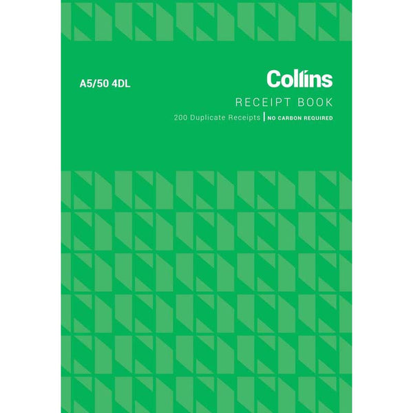 Collins Cash Receipt Book A5/50 4dl Duplicate No Carbon Required