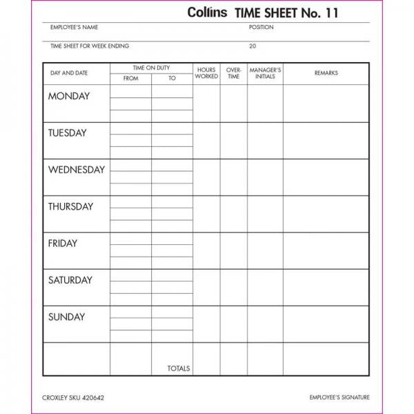collins wage time sheets no.11 size 187MM x 220MM 100 leaf