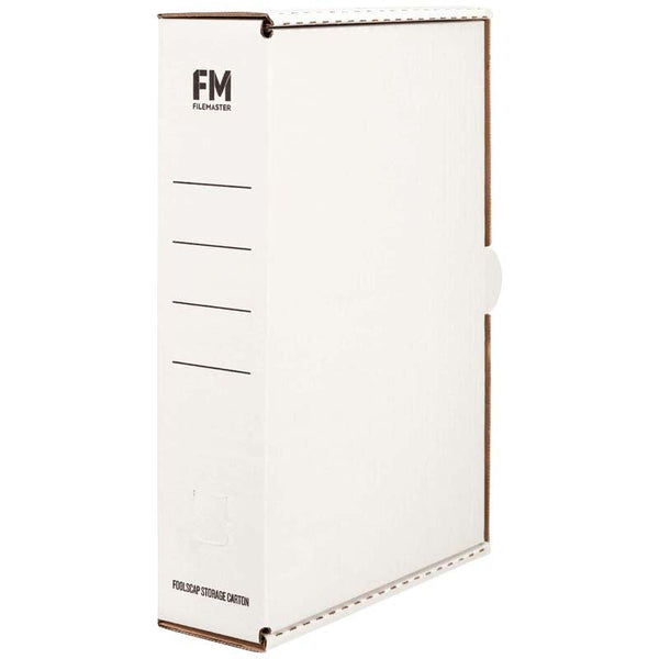 fm storage carton WHITE foolscap size 385x250x85MM sTANdard strength cardboard