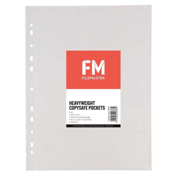 fm pocket copysafe size a4 punched 180 micron heavy duty 5 pack CLEAR polypropylene