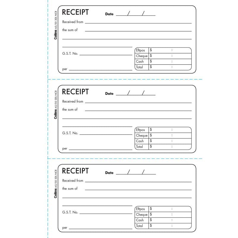 collins cash receipt a5/50 3dl duplicate no carbon requiRED
