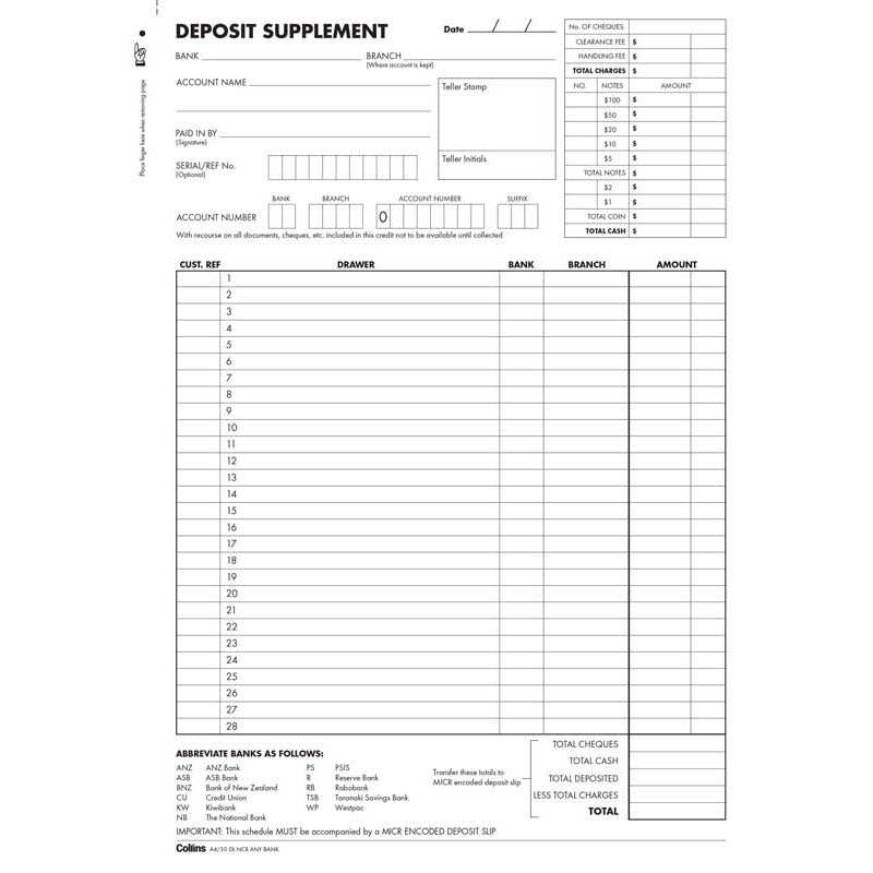 collins deposit book any bank a4/50dl duplicate no carbon requiRED
