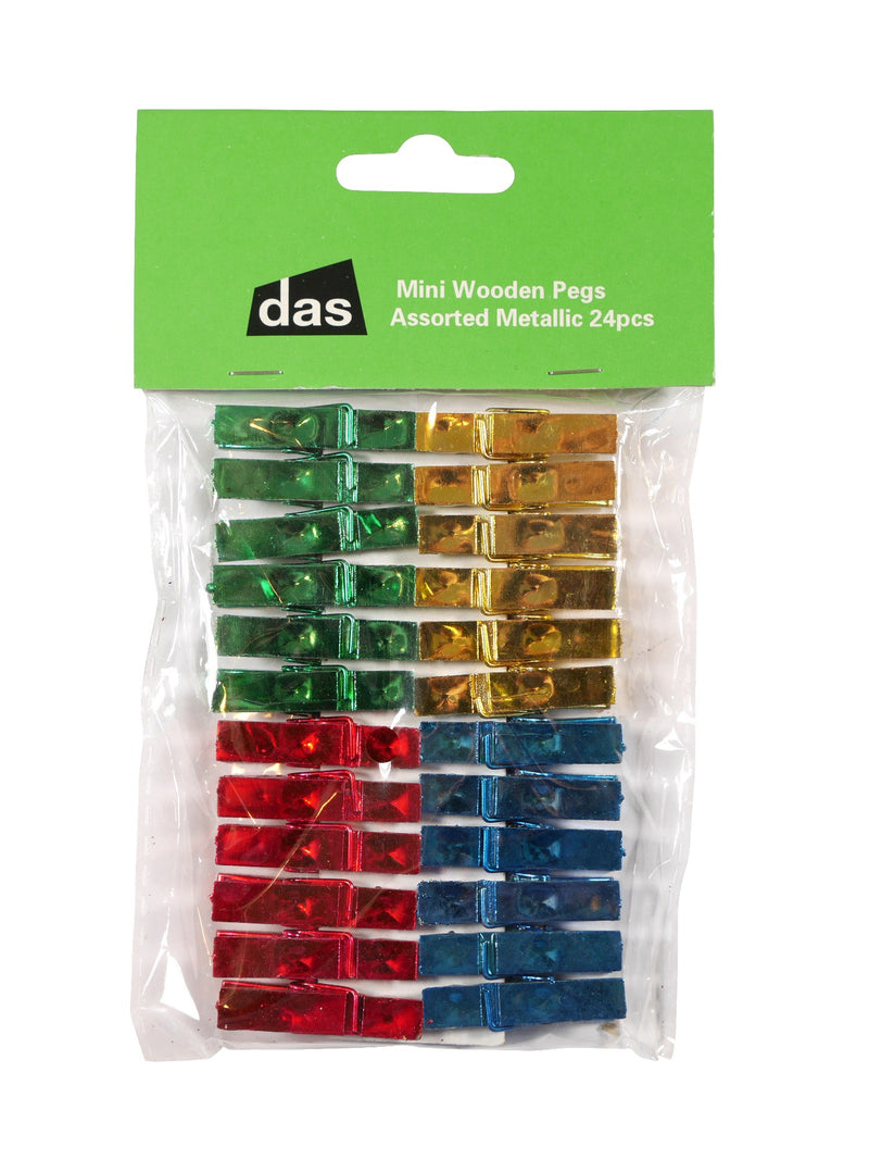 Das Mini Wooden Pegs Assorted Metallic Colours Pack Of 24