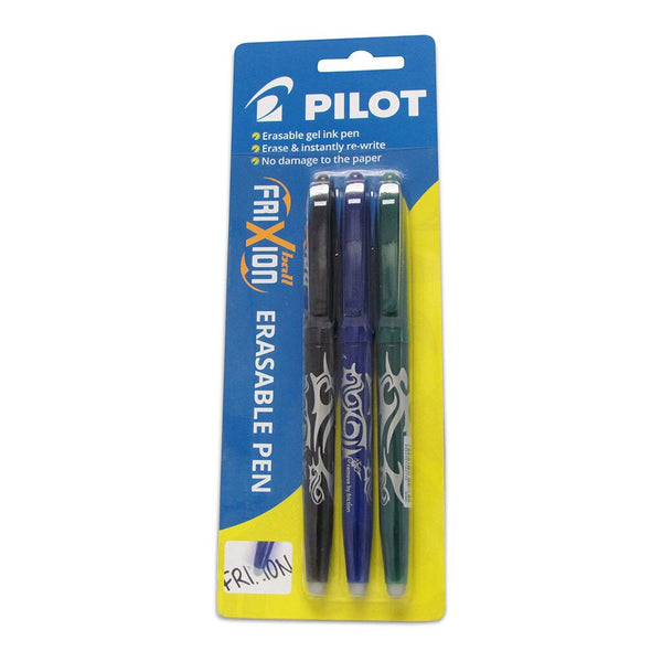 pilot frixion ball erasable FINE pen BLUE BLACK GREEN PACK OF  3