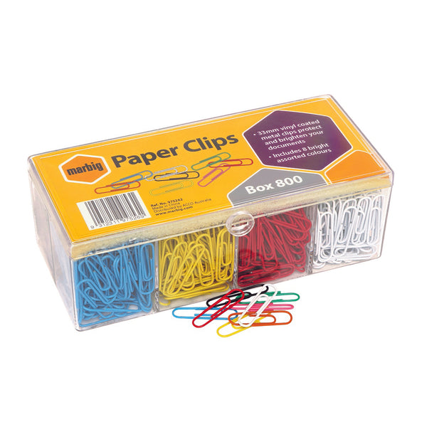 marbig® paper clips assorted colours vinyl coated box of 800
