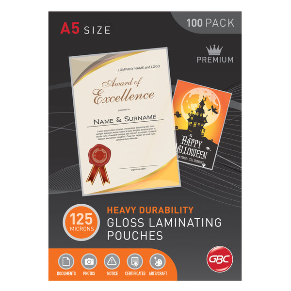gbc a5 125 micron laminating pouches pack of 100