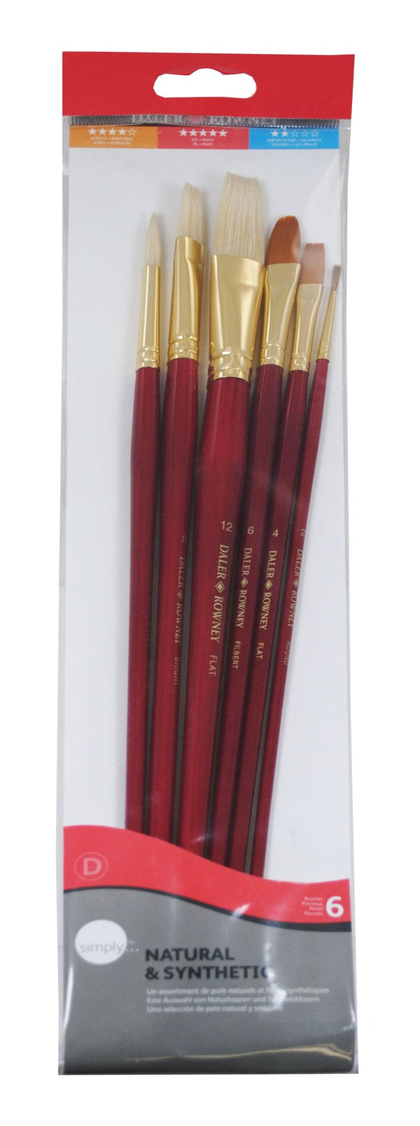 Daler Rowney Simply Sable Bristle & Gold Taklon Art Paint Brush Set 6 Pieces