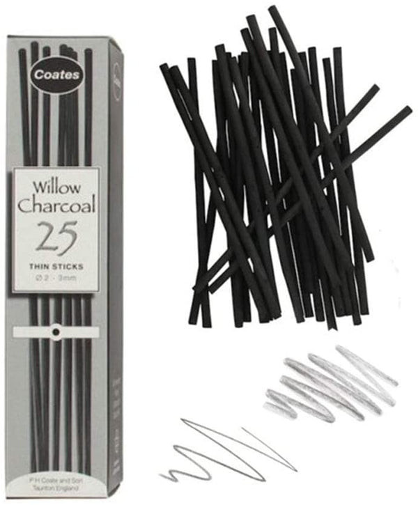 Coates Willow Thin Charcoal Sticks 2 3mm Pack Of 25 Sticks