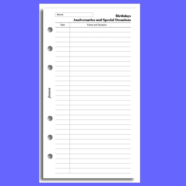 filofax personal birthdays/anniversaries insert refill