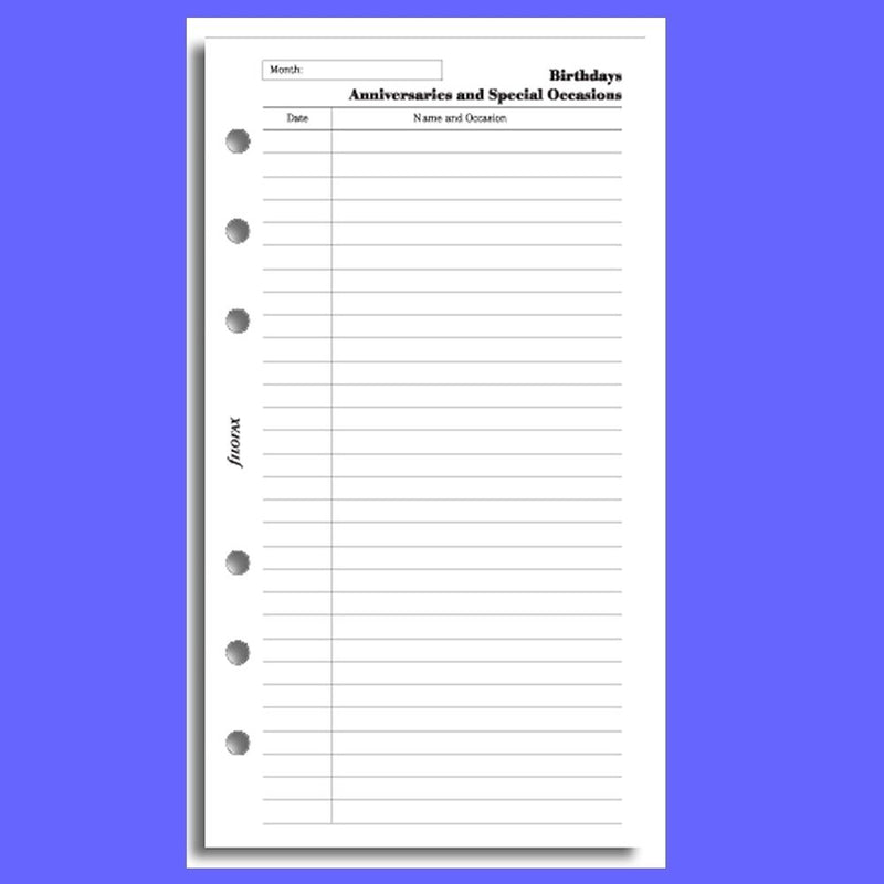 filofax personal birthdays/anniversaries insert refill