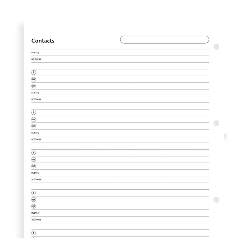 filofax name, address, contact, email, telephone a4