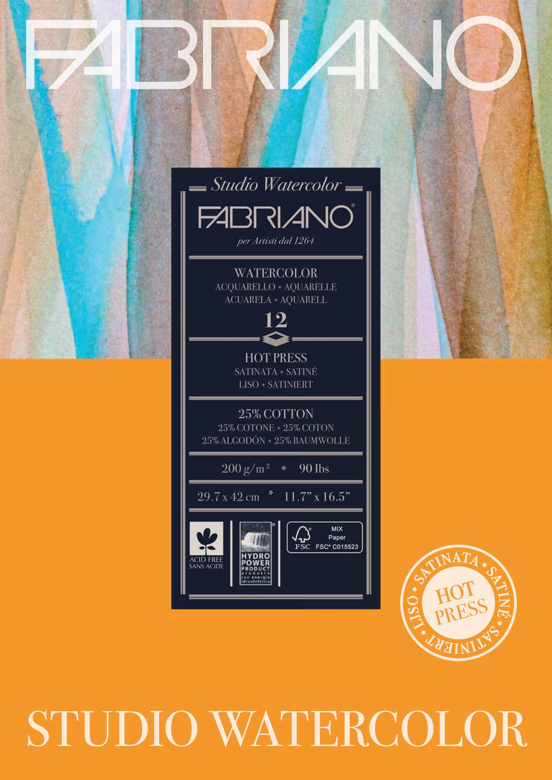 Fabriano Studio Watercolour Hot Pressed Paper Pad 200gsm 12 Sheets