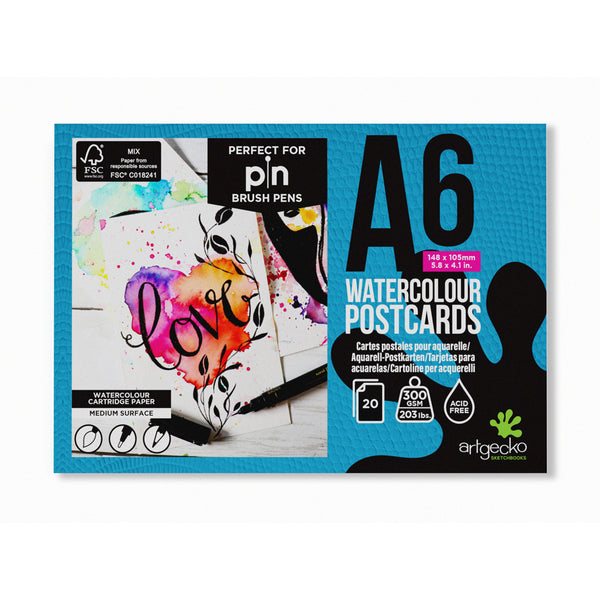 Artgecko Pro Watercolour Postcards A6 20 Sheets 300gsm White Paper