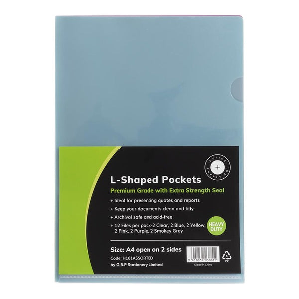 OSC L Shaped Pockets A4 Assorted Colours - Pack of 12