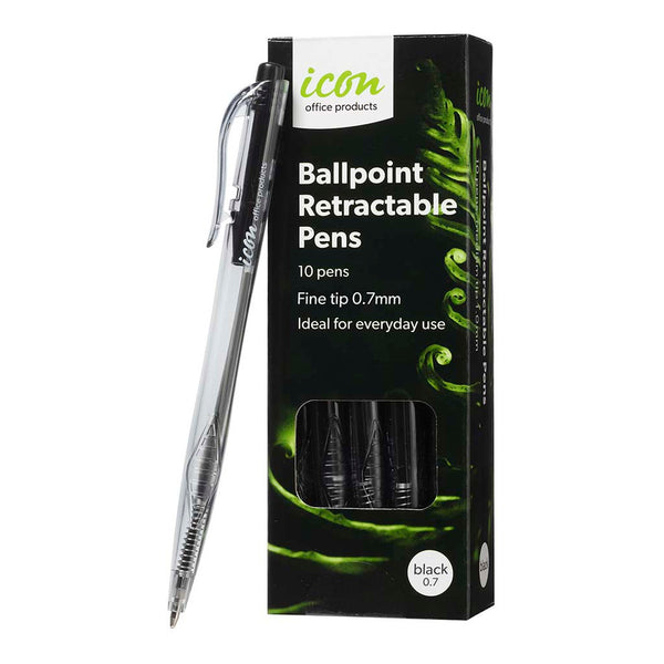 Icon Ballpoint Retractable Pens Fine Pack Of 10#Colour_BLACK