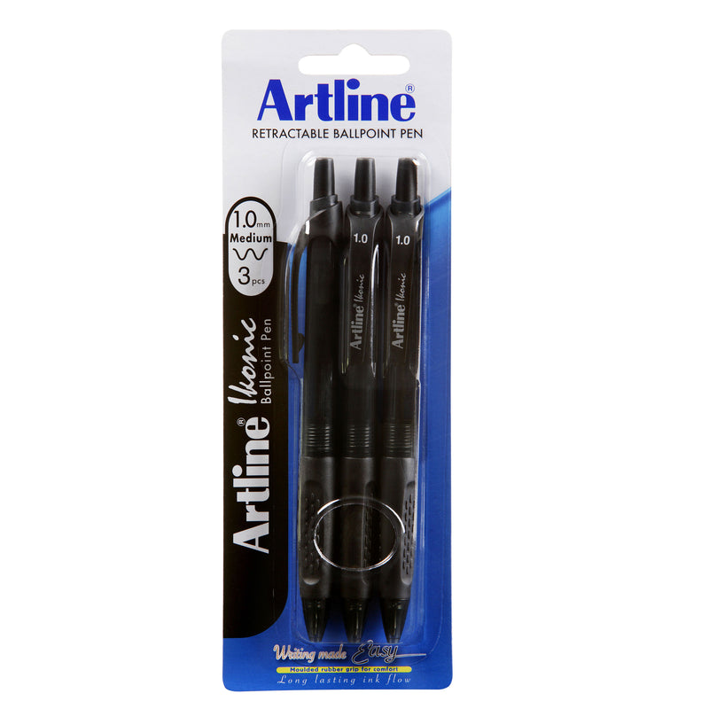 Artline Ikonic Ballpoint Pen Retractable Grip Medium Black - Pack of 3