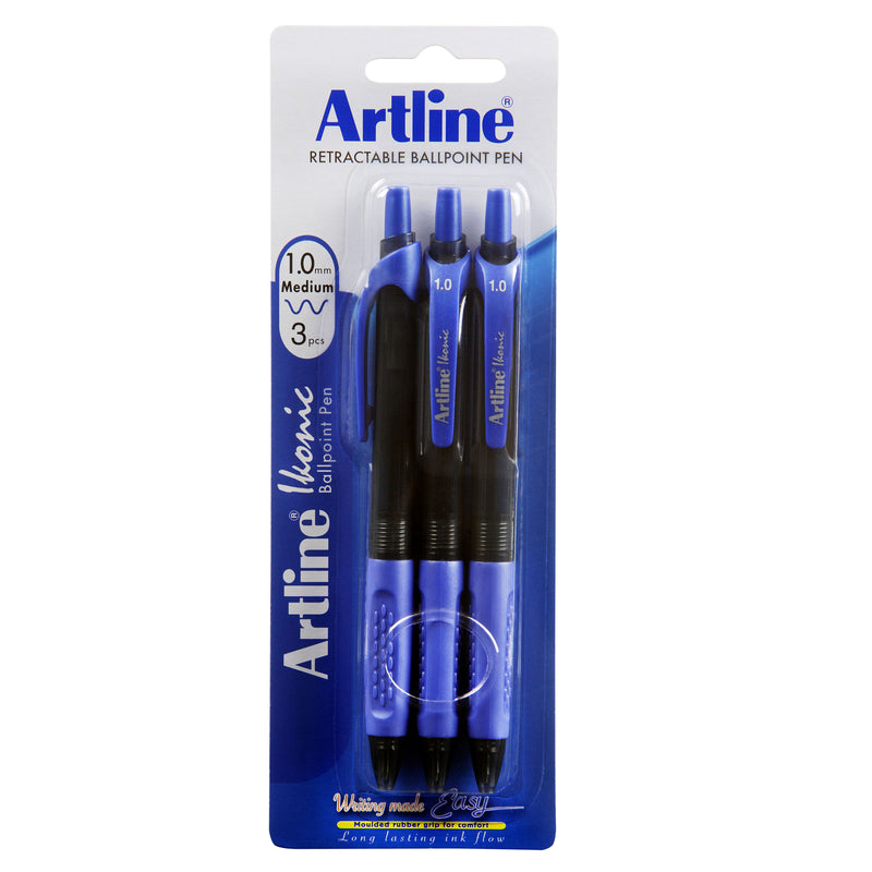 Artline Ikonic Ballpoint Pen Retractable Grip Medium Blue - Pack of 3