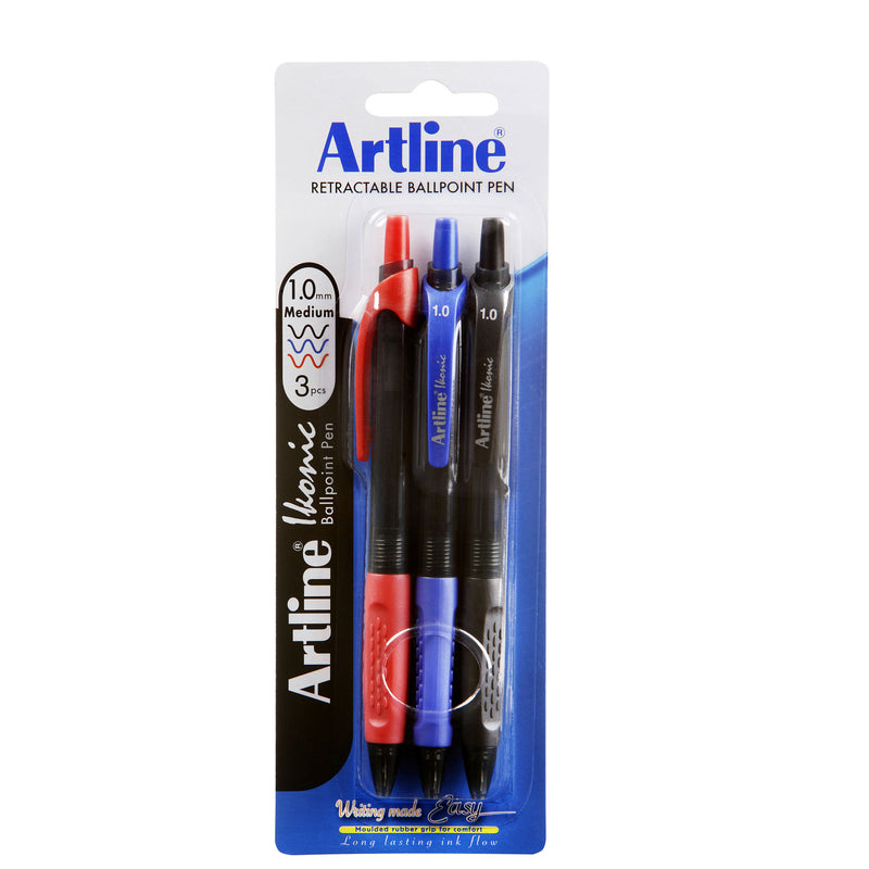 Artline Ikonic Ballpoint Pen Retractable Grip Medium Assorted - Pack of 3