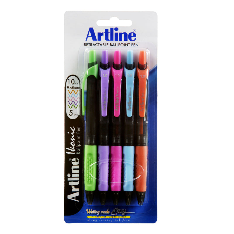 Artline Ikonic Ballpoint Pen Retractable Grip Medium Brights - Pack of 5