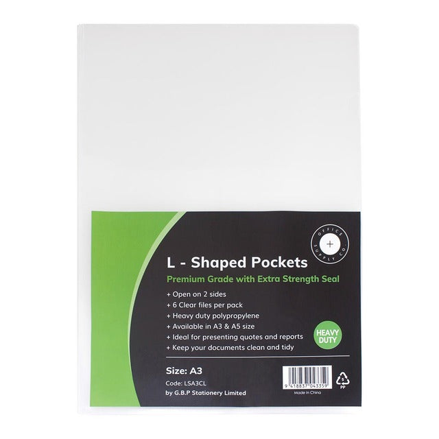 OSC L Shaped Pockets Heavy Duty Clear - Pack of 6