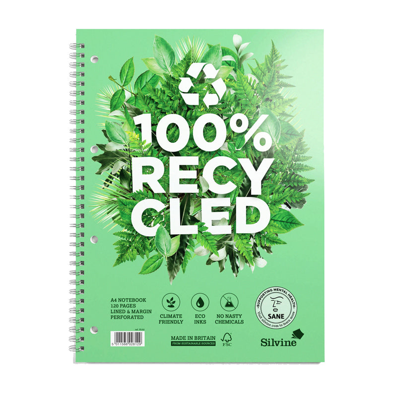 Silvine 100% Recycled Twin Wire Notebook 120 Pages Ruled with Margin