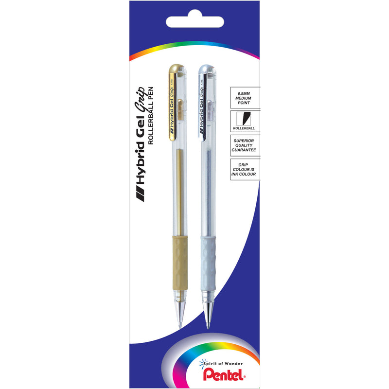 pentel hybrid gel grip gell roller pen stick k118 0.8mm metallic gold silver