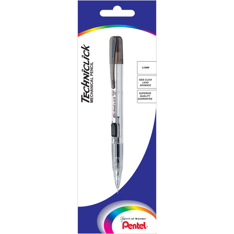 pentel techniclick mechanical pencil pd105t clear barrel 0.5mm black
