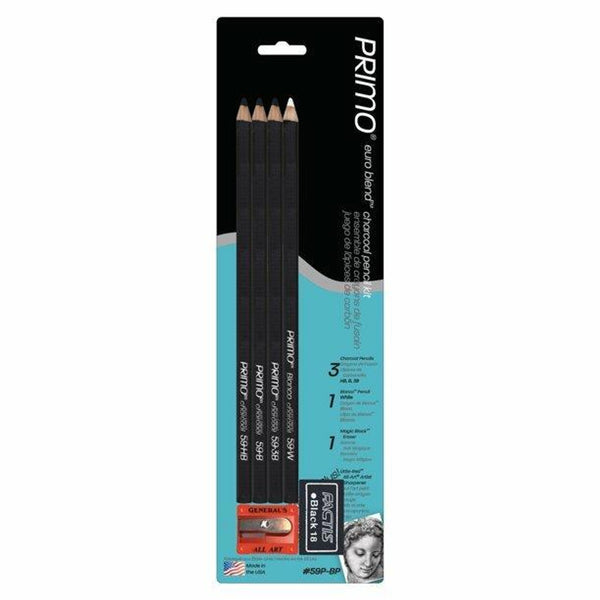 General Primo Euro Blend 4 Charcoal Pencils With Sharpener And Eraser
